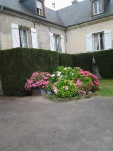 une maison avec des fleurs roses devant une haie dans l'établissement Le Moulin, à Pontoise-lès-Noyon