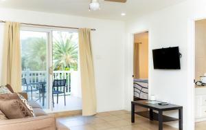 a living room with a couch and a tv and a balcony at St Kitts Castle Suites in Basseterre