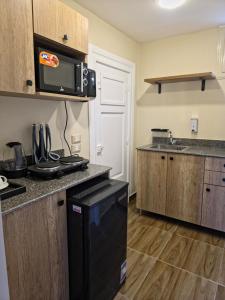 a kitchen with a stove and a microwave at Swisstay Downtown Cairo in Cairo