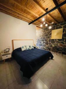 a bedroom with a blue bed in a stone wall at Veta Corona in Tlalpujahua de Rayón +45 photos
