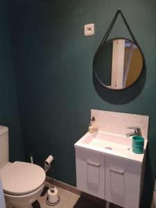 a bathroom with a toilet and a sink and a mirror at Blue Banane in Monflanquin