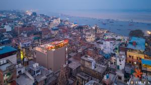 an aerial view of a city at night at Zostel Varanasi in Varanasi