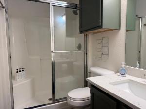 a bathroom with a shower and a toilet and a sink at Historic Downtown McKinney 3BR in McKinney +19 photos