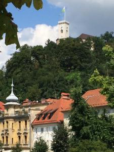 een gebouw met een toren op de top van een berg bij Julija & Filip Apartments in Ljubljana