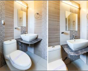 two pictures of a bathroom with a toilet and a sink at Paradise Perfect - Nonsmoking Non alcoholic No unmarried couples in Ooty +22 photos