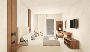 a bedroom with a bed and a desk and a television at Ilio Mare Hotel & Resort by GHH in Prinos