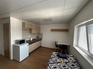 a small kitchen with a refrigerator and a table at Apartmány Škodova Přerov in Přerov