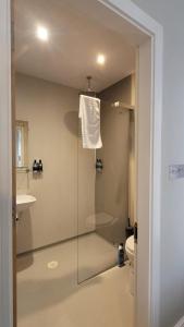 a bathroom with a glass shower with a toilet at Harmony Apartments in Weston-super-Mare +58 photos