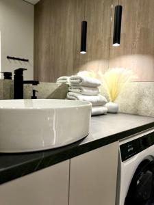 a bathroom with a sink and a washing machine at MOLODIST 16 Irpin in Irpin