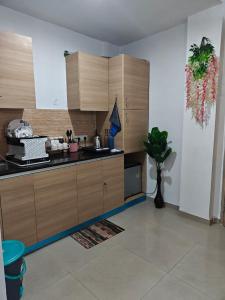 a kitchen with wooden cabinets and a vase with a plant at Shivaya Homes in Chhatikara