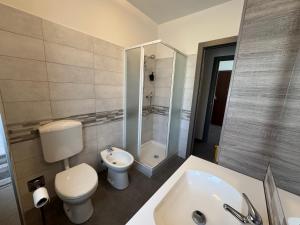 a bathroom with a toilet and a sink and a shower at La Gare Apartments - Zerbion in Châtillon +7 photos