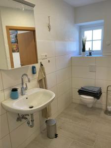 ein Badezimmer mit Waschbecken und Toilette in der Unterkunft Markt24-2 in Hecklingen