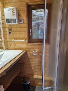 a bathroom with a shower and a sink at Chalet "Quelle Vue" in Coubisou