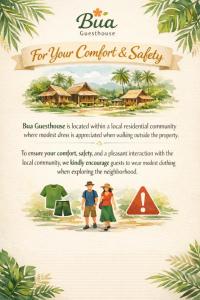 a flyer with two children standing in front of a tent at Bua Guest House in Medan