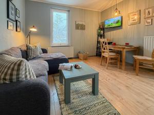 a living room with a couch and a table at Schöngrün in Sankt Andreasberg