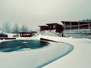 a swimming pool covered in snow in front of a building at Hotel Ramonda in Boljevac