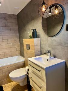 a bathroom with a sink and a toilet and a mirror at Różana City Apartaments in Kutno