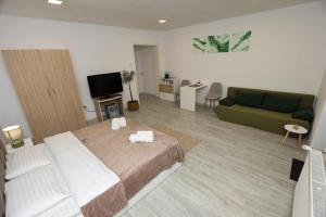 a living room with a bed and a couch at Danser Residence Reșița in Reşiţa