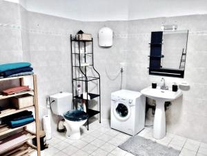 a bathroom with a washing machine and a sink at Vazaha grand et bel appartement classé 3 étoiles in Lavelanet