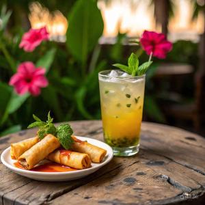 a plate of food and a drink on a table at Lulu s dream cafe in Welata