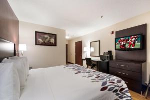 a hotel room with a bed and a flat screen tv at Red Roof Inn Auburn in Auburn +24 photos