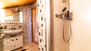 a bathroom with a shower and a sink at Haus Chämihitta, Riederalp Moosfluh in Riederalp +30 photos