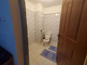 a bathroom with a toilet with a blue rug at Velour Spacious Suites in Rungiri