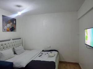 a bedroom with a bed and a flat screen tv at Velour Spacious Suites in Rungiri