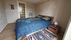 a bedroom with a bed with a blue comforter and a window at le pied des monts in Sainte-Consorce +1 photo