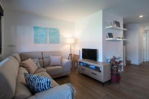 a living room with a couch and a television at Ribadesella Casa con Jardín a 2 km Playa – Saelia in Ribadesella