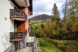 a balcony of a building with a view of a mountain at Hotel Boutique Belvedere in Sinaia