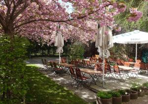 um pátio com mesas e cadeiras debaixo de uma árvore com flores cor-de-rosa em Galerie Hotel Leipziger Hof em Leipzig