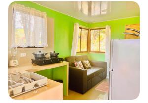 a green kitchen with a couch and a refrigerator at Mayra Campground in Savegre