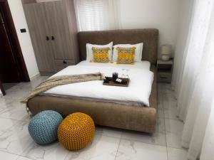 a bedroom with a bed and two balls on the floor at Serenity Suite in Accra