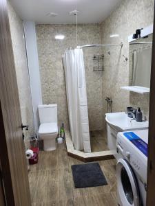 a bathroom with a shower and a toilet and a sink at Torgai Hotel Apartments in Ureki +28 photos