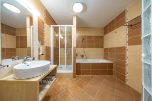 a bathroom with a sink and a shower and a tub at Hotel CROCUS in Štrbské Pleso