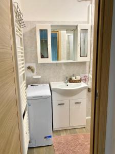 a small bathroom with a sink and a mirror at MiniAppartamento Laura - Piano terra in Chioggia