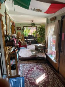 a living room with a flag on the ceiling at Billie's Backpackers Hostel in Fairbanks
