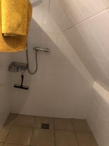a bathroom with a shower with a yellow towel at Hackamore House in Salisbury