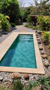 a swimming pool in a landscaped yard with rocks at Casa Alamanda B&B in Barichara +30 photos