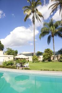 a swimming pool with palm trees in the background at Hotel La Loma Tepic in Tepic