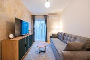 a living room with a couch and a television at Fratello Apartment in Podgorica