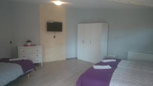 a bedroom with a bed and a dresser and a tv at Kormoran in Orzysz