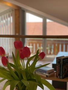 a vase filled with red tulips in front of a window at Charmantes Dorf-Apartment in Dietramszell