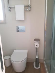 a white bathroom with a toilet and a shower at Anchors Aweigh in Stanley +22 photos