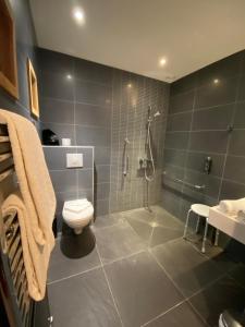 a bathroom with a shower and a toilet and a sink at Hotel Napoleon in Île dʼAix +22 photos