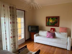 a living room with a white couch and a tv at Lar do Pero - Ribeira Sacra in Tioira