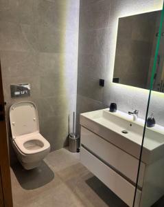 a bathroom with a toilet and a sink and a mirror at You apparemment in Tangier