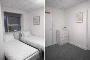 two photos of a bedroom with two beds and a window at Douglas's House in Dublin