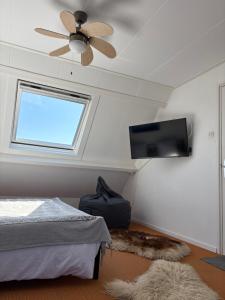 a bedroom with a ceiling fan and a flat screen tv at PuraVida in Westkapelle